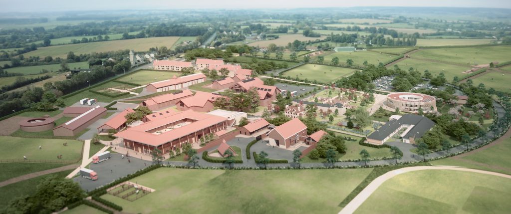 Vue aérienne du futur Campus international du Cheval - Normandie Equine Vallée à Goustranville. On y découvre notamment les futurs bâtiments qui s’insèrent dans l’environnement paysager : un hôpital pour chevaux, des écuries, un amphithéâtre connecté permettant des enseignements à distance, une résidence étudiante, un espace vie et entreprenariat et de nombreux paddocks.